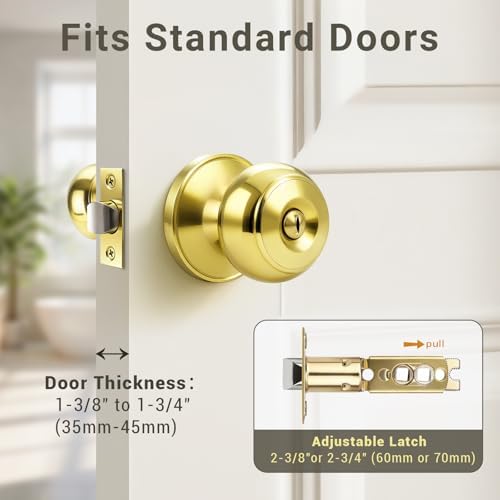 KNOBWELL 5 Pack Privacy Door Knob for Bathroom or Bedroom Door Knobs, Round Interior Door Knobs, Indoor Door Knob, Keyless Door Knob with Lock, Door Handle Lock, Polished Brass