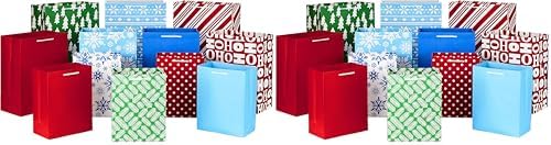 Hallmark Christmas Gift Bags Assorted Sizes (12 Bags: 5 Medium 8", 4 Large 11", 3 Extra Large 14") Red, Blue, Green, Solids, Snowflakes, Stripes (Pack of 2)