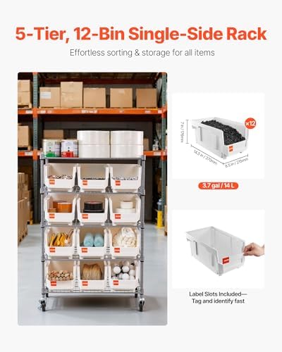 VEVOR 5-Tier Rolling Bin Storage Rack, 12 Organizer Bins, Bin Rack Storage Steel Wire Shelving System with Wheels, Mobile Tool Organizer for Garage, Warehouse, Office, Restaurant, Classroom, Kitchen
