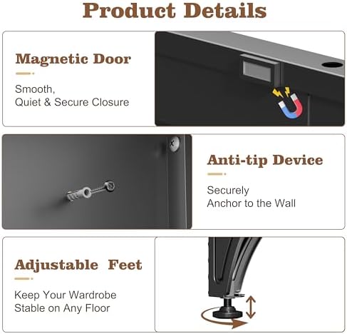 71" Arched Black Metal Wardrobe Closet with Full-Length Mirror, French Elegance Steel Armoire Clothes Storage Cabinet with Hanging Rod & Adjustable Shelves for Bedroom Home Office, 18" Deep