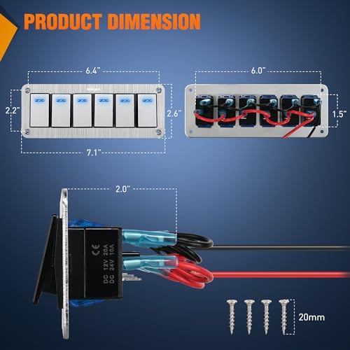 Nilight 6 Gang Rocker Switch Panel 3 Pin On Off Pre-Wired Blue LED