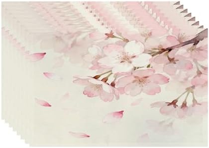 Batmerry Vintage Cherry Blossom Linen Placemats Set of 8, Delicate Watercolor Pink Flowers Washable Table Mats for Kitchen Table Thickened Heat Insulation Dining Set Indoor Outdoor 12X18 in