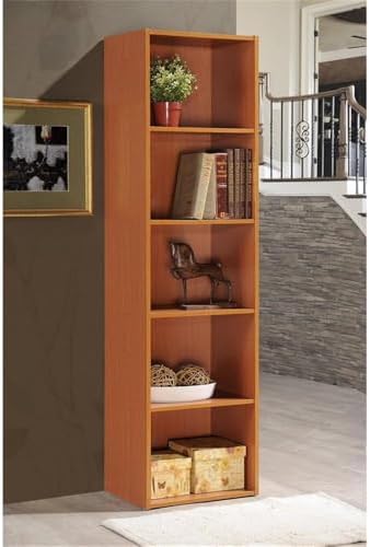 Pemberly Row 5-Shelf Wooden Bookcase, Cherry Finish, 59.06 in H x 15.91 in W x 11.77 in D, Slim Vertical Multi-Purpose Design, Contemporary Style for Bedroom, Office, Living Room Storage