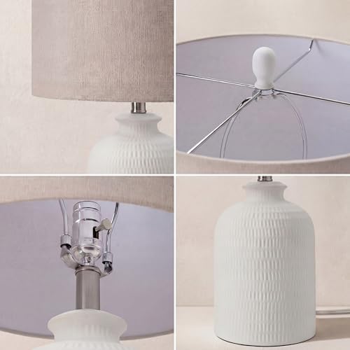 Nourison Home 24" White Textured Ceramic Table Lamp with Tan Linen Shade, Modern Accent Lamp, Bedside Lamp for Bedroom, Nightstand, Living Room