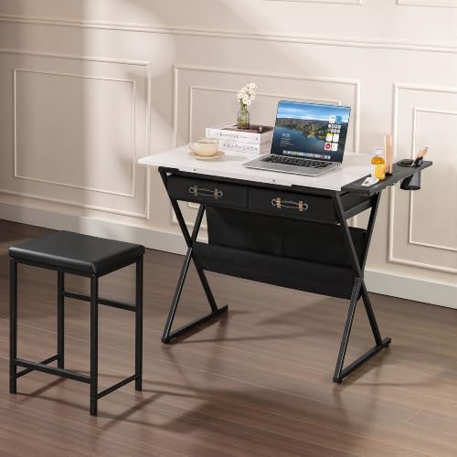 VECELO Drafting Table Art Desk Art Table Adjustable Drawing Table Tilted Tabletop with 2 Storage Drawers and Stool, Drawing Desk for Artist Painters Drawing, Crafting, Reading, Writing, White