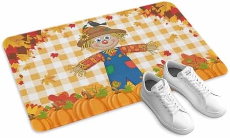 Fall Door Mat Scarecrows Crow Pumpkin Doormat Maple Leaf Orange Buffalo Plaid Harvest Thanksgiving Welcome Mat Non Slip Entryway Front Rug Floor Mat for Indoor Outdoor Kitchen Autumn Holiday 16x24