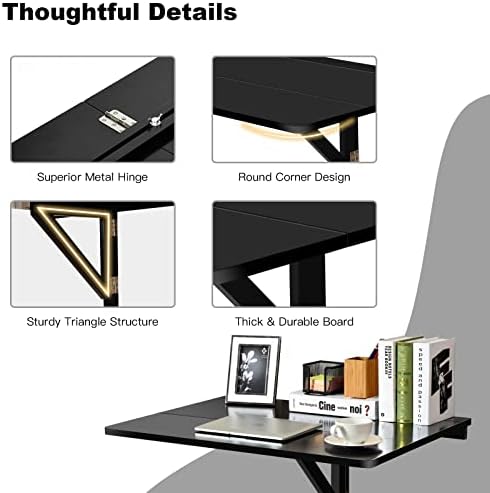 COSTWAY Wall Mounted Folding Table, 31.5" x 23.5" Drop-Leaf Floating Writing Desk for Small Spaces, Space-Saving Fold Down Laptop Workstation for Kitchen, Bedroom, Laundry Room, Study Room (Black)