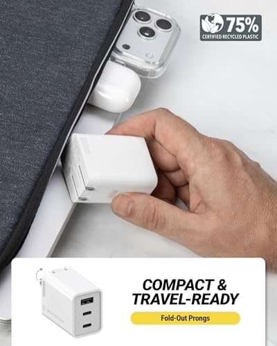 Scosche 70W Fast Charging Compact 3-Port Wall Charger Block wiht 8ft Cable, Dual USB-C & USB-A GaN Power Delivery Adapter with Foldable Plug for iPhone 17/16, iPad, MacBook Air, Galaxy S26/S25 & More