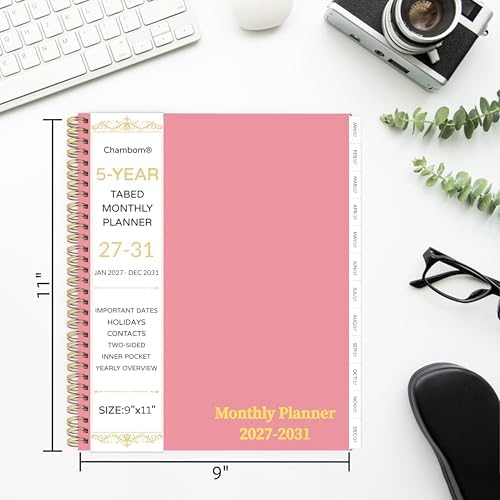 2027-2031 Monthly Planner, 5 Year Monthly Planner/Calendar 2027-2031, 60-Month Jan 2027 – Dec 2031, 9" x 11", Tabs, Double-Side Pocket, Holidays, Thick Paper - Pink