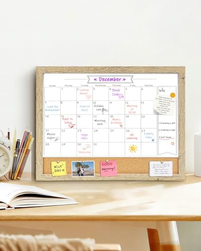 Dry Erase Calendar Whiteboard for Wall, Small Combination Magnetic Dry Erase White Board & Bulletin Board, 13" x 17" Rustic Brown Frame Calendar/Cork Combo Board(RB-3343)
