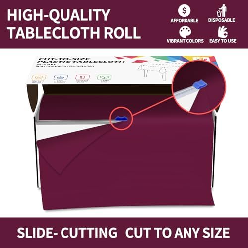 CXPSINC 54 Inch X 300 Feet Plastic Table Cover Roll Disposable Tablecloth with Slide Cutter for All Type/Shape Tables | Party, Banquet, Birthdays, Weddings(Burgundy, 300 Feet)
