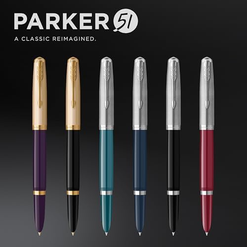 Parker 51 Fountain Pen | Deluxe Black Barrel with Gold Trim | Fine 18k Gold Nib with Black Ink Cartridge | Gift Box
