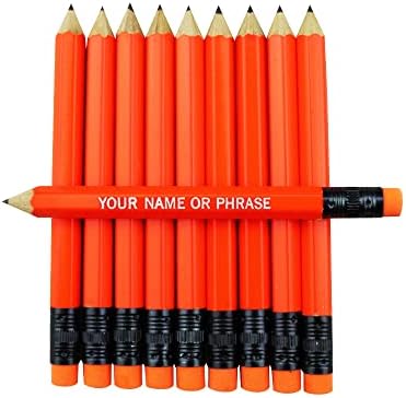 EZPENCILS & GIFTS - Golf Pencils Tipped with Eraser (1/2 a Pencil - Pew Pencils) - Neon Orange Colored Barrel - FREE-PERSONALIZATION - 2HB Black Lead - Custom Text - Non-Smear Eraser – Package of 30