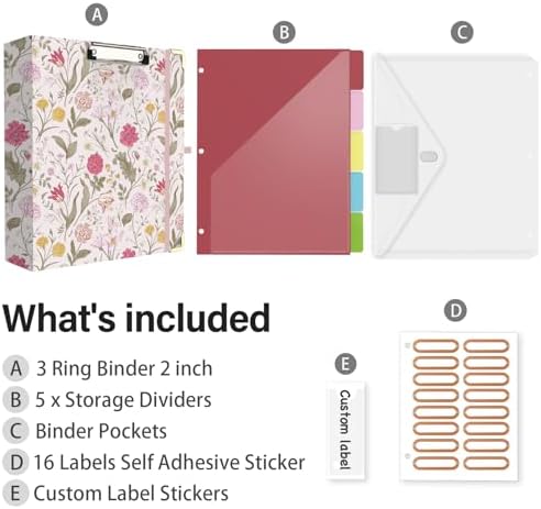 3 Ring Binder 2 Inch for Letter Size 8.5" x 11" Paper, Clipboard Binder with 5 Tabbed Dividers with Pockets, Plastic Folder and 40 Divider Stickers, School and Office Supplies, Pink Flowers
