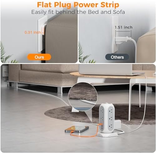 TESSAN Tower Power Strip Flat Plug with 1050J Surge Protection, 10 Ft, Grey