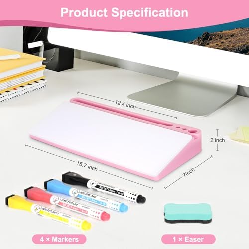 Desktop Glass Whiteboard with Storage, Desk Dry Erase White Board Pink