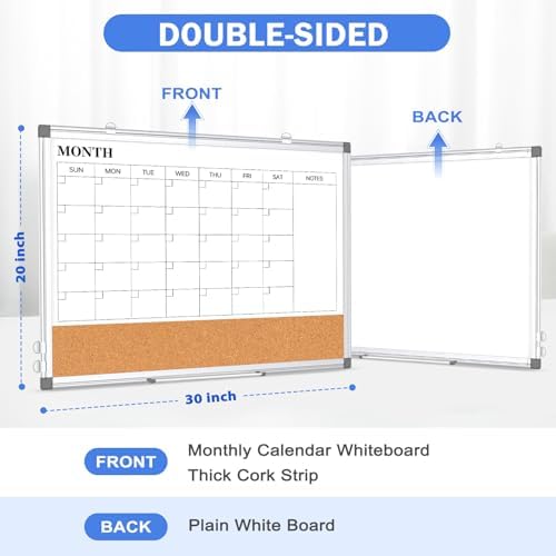 Dry Erase Calendar Whiteboard for Wall, 30" x 20" Monthly Cork White Board