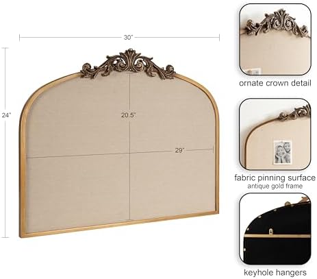 Kate and Laurel Arendahl Wide Decorative Arch Pinboard; 30 x 24; Gold; Framed Arched Ornate Vintage Cork Board for Use as Motivational Vision Board or Wall Organizer