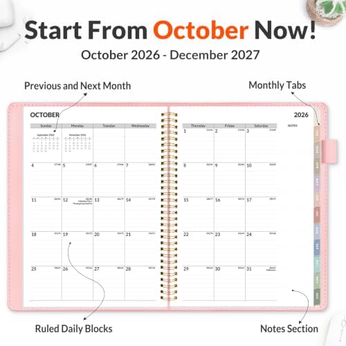 SUNEE 2027 Weekly & Monthly Planner 9"x11.2"- 12 Month (January 2027 - December 2027), Vegan Leather Cover, Pocket, Bookmark, Notes, Monthly Tab, Peach Pink