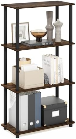 Furinno Turn-N-Tube Storage Shelves, 4-Tier Toolless Book Shelf, Corner Shelf, Toolless Open Shelves, for Organization and Storage, Living Room, Garage, Home Office, Amber Pine