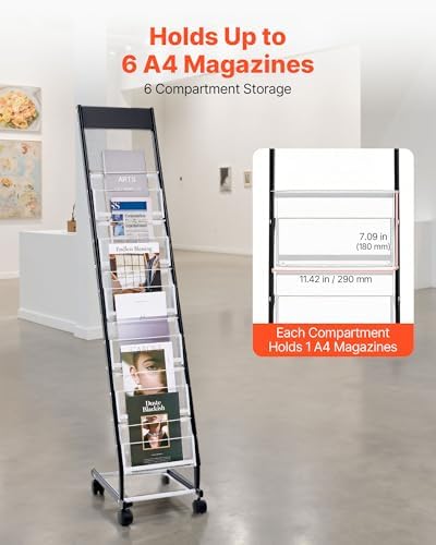 VEVOR Brochure Display Rack, Narrow 6-Tier Magazine Literature Display Stand with Wheels, Metal Floor Standing Magazine Rack, Movable Newspaper Catalog Holders for Shop Exhibitions Office (6 Pockets)