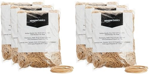Amazon Basics Rubber Bands, Office Supplies, Size 19 (3-1/2 x 1/16 Inch), Stretchy, 1250 Bands/1 lb. Pack, 6-Pack, Tan