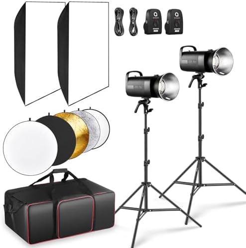 NEEWER S102-400W PRO Flash Lighting Kit (2 Pack) with 2X 2.4G Trigger, 2X Photography Light Stand, 2X Softbox, 5 in 1 Reflector, Bag, 400Ws GN62 5600K 30W LED Modeling Lamp Bowens Mount Silent Fan