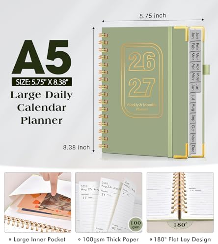 Academic Planner 2026-2027, Weekly and Monthly Hardcover Planner, July 2026 - June 2027, 5.75" x 8.38" A5 Large Daily Calendar Planner Book with Tabs, Spiral Yearly Agenda Organizer Notebook for School Work Home, Green