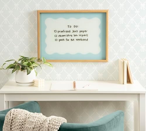 Kate and Laurel Framed Glass Dry Erase Art Parisien Blue Wavy Border Whiteboard for Wall by The Creative Bunch Studio, 18 x 24, Blake Natural Frame, Modern Contemporary, Dry Erase Art for Wall Decor