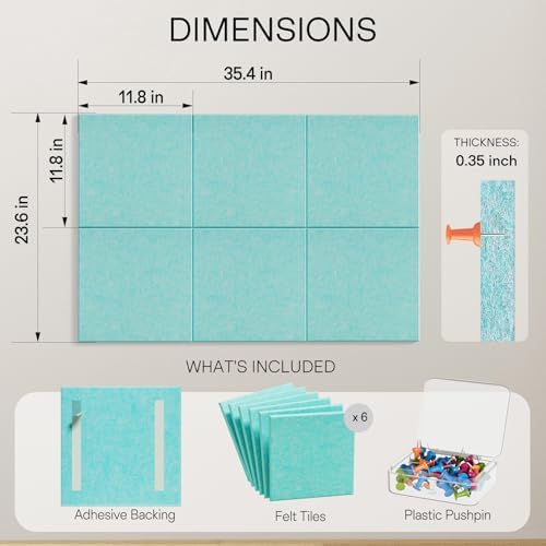 MaxGear Felt Bulletin Board 36" x 24", Aqua Blue Felt Wall Tiles Push Pins