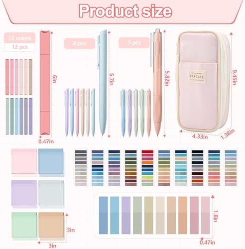 135 Pcs Book Annotation Kit with Pencil Case, 12 Pastel Highlighters, 11 Gel Pens, Fine Marker, 300 Transparent Sticky Notes, 2640 Index Tabs, Bible Study Supplies Kit(Classic,Pink)