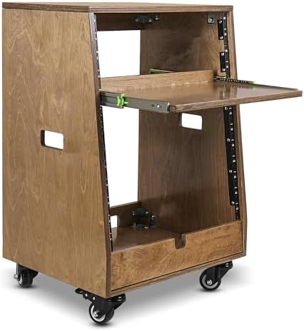 Sound Town DIY Slanted 12U Studio Rack (4U Top + 8U Lower), with 2U Bottom Storage, Slide-Out Tray, Caster, Plywood, Weathered Brown for Recording Room, Home Studio (SDRK-ST12TB)
