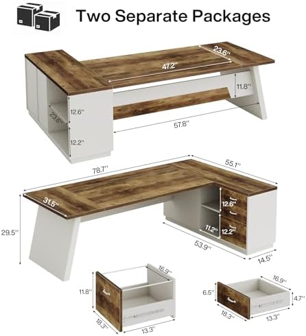 Tribesigns 78" L-Shaped Executive Desk, Large Modern Office Desk with Drawers and Lateral File Cabinet, Business Furniture with Storage Shelves, Big Computer Desk for Home Office (Brown + White)
