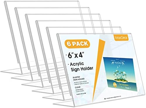 MaxGear Acrylic Sign Holder 4 x 6 Inches 6 Pack, Horizontal L Shape