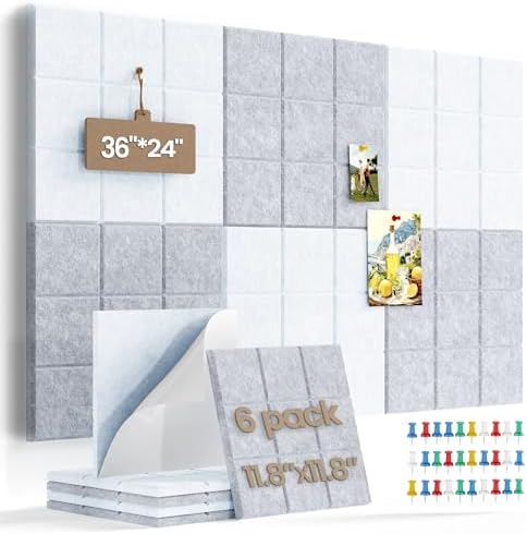 Large Felt Board Tiles for Wall with 30 Push Pins, 11.8"x11.8" Pack of 6 Pin Board Notice Boards for Home Office Kitchen, Bulletin Board Wall Tiles for Photos Memos (Grey+White, 6 Pack)