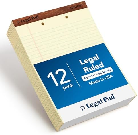 TOPS The Legal Pad Writing Pads, 8-1/2" x 11-3/4", Canary Paper, Legal Rule, 50 Sheets, 12 Pack (7531)