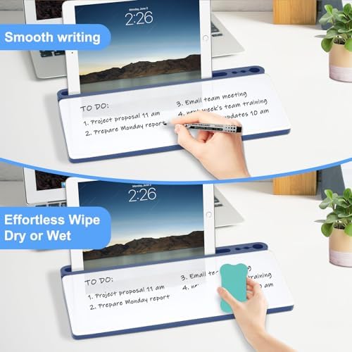 Desktop Glass Whiteboard with Storage, Desk Dry Erase White Board Blue