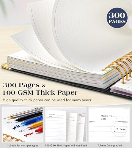 Spiral Notebook Journal with Removable Dividers Tabs, 300 Pages Hardcover Leather 5 Subject College Ruled Notebook, 8"x10" Large B5 Lined Journal for Women Men, Spiral Notebooks for Work School, Black