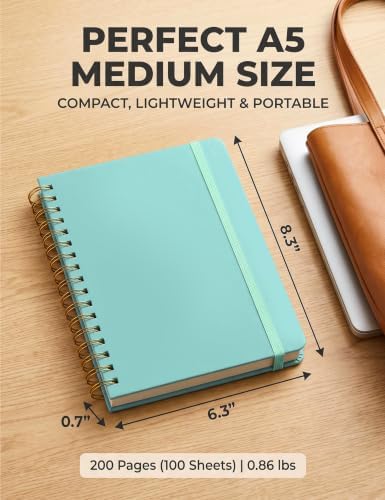 5 Pack Hardcover Spiral Notebooks, 8.3" x 6.3" Lined Journal Set, 100 GSM Bleed-Resistant Paper, 200 Pages Twin-Wire Bound Notebook with Elastic Band & Category Stickers for Office, School
