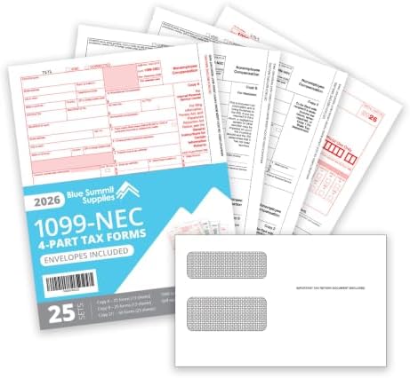 Blue Summit Supplies 1099 NEC 2026 Tax Forms Kit, 25 Pk, 4 Part, Envelopes