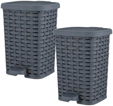 Superio Mini Trash Can with Foot Pedal Small Outdoor Garbage Can with Lid, 1.5 Gallon Plastic Waste Basket for Bathroom, Bedroom, Kitchen, Office, Patio (Wicker Grey 6 QT.), 2 Pack