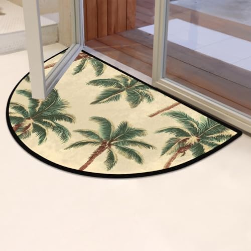 Ocean Palm Trees Beige Half Round Door Mat Non Slip Washable Semi Circle Area Rug Absorbent Soft Half Moon Rug Floor Mat for Indoor Outdoor Kitchen Bathroom Patio Front Door Mat Decor