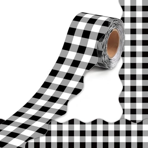 VABAMNA 50 Feet Bulletin Board Borders Black White Checkered Classroom Decor Wavy Scalloped Rolled Border Trims for Back to School Classroom Chalkboard Whiteboard Door Wall Decorations