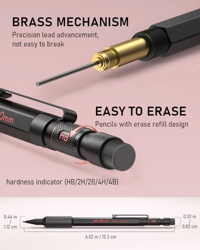 Nicpro 2mm Metal Mechanical Pencils Set with Case, 5 Pack Black