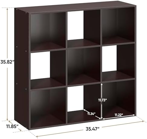 9 Cube Storage Organizer Wooden Display Storage Shelf W/5 Removable Back Panels&11 inch Opening Shelf, Customizable Cubby Bookcase Cabinet Bookshelves for Office, Living Room and Bedroom, Dark Brown