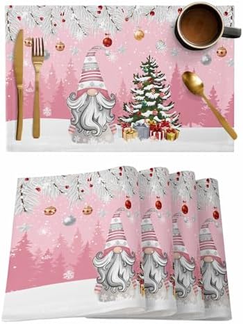Christmas Gnome Placemats Set of 4, Winter Merry Christmas Tree Balls Heat Resistant Washable Table Place Mats Pink Cotton Table Linens Party Holiday Decor for Kitchen Dining Outdoor Indoor