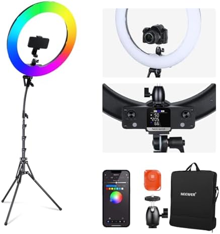 NEEWER 18 Inch RGB LED Ring Light APP Control with Tripod Stand and Phone HolderCompatible with iPhone for Selfie Makeup Lash Studio Streaming Video Recording Lighting, 42W Ringlight Dimmable,RGB18 II