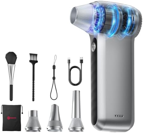 Electric Air Duster 200000RPM Brushless Motor, Cordless Compressed Air Blower with 4 Nozzles & 2 Brushes, 85m/s Powerful Rechargeable Cleaner for PC, Car, Keyboard & Electronics (Silver)