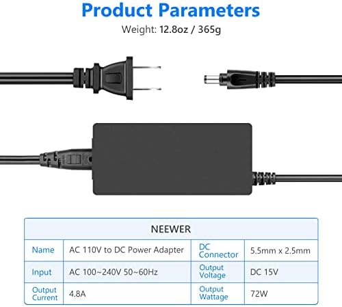 Neewer Photography AC 110V to DC 15V 2.0mm X 5.5mm Power Adapter with Power Cable 4.8A Output Power Supply for Photo Studio Ring Light (Black)