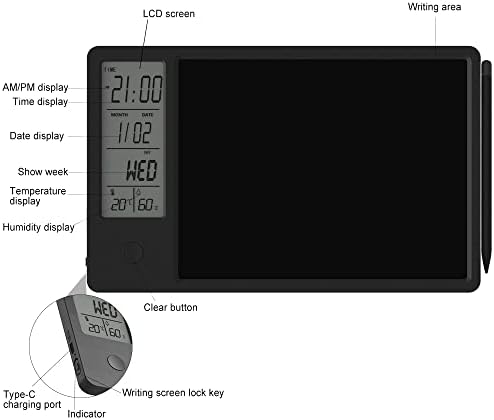 Electronic Calendar with Notepad Digital Clock Date Display Desktop Calendar Rechargeable 9.5inch Writing Board for Office Business Home Decor(Black)